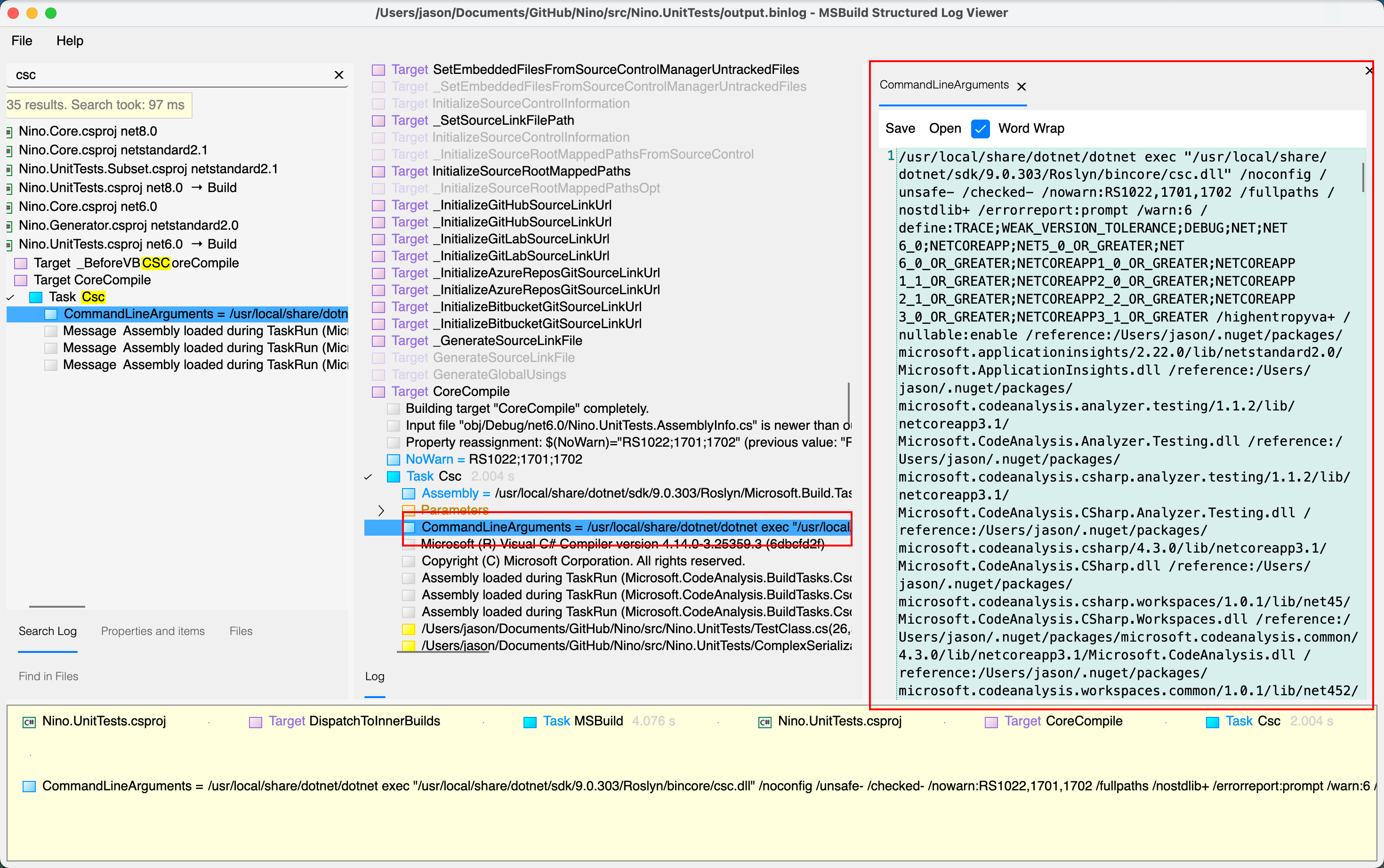 MSBuildStructuredLog showing CommandLineArguments